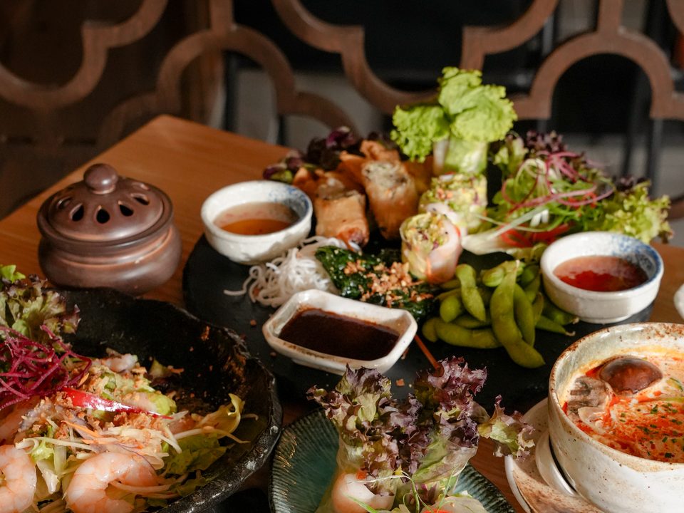 Gedeckter Tisch mit Frühlingsrollen, Edamame, Dips und Currysuppe.