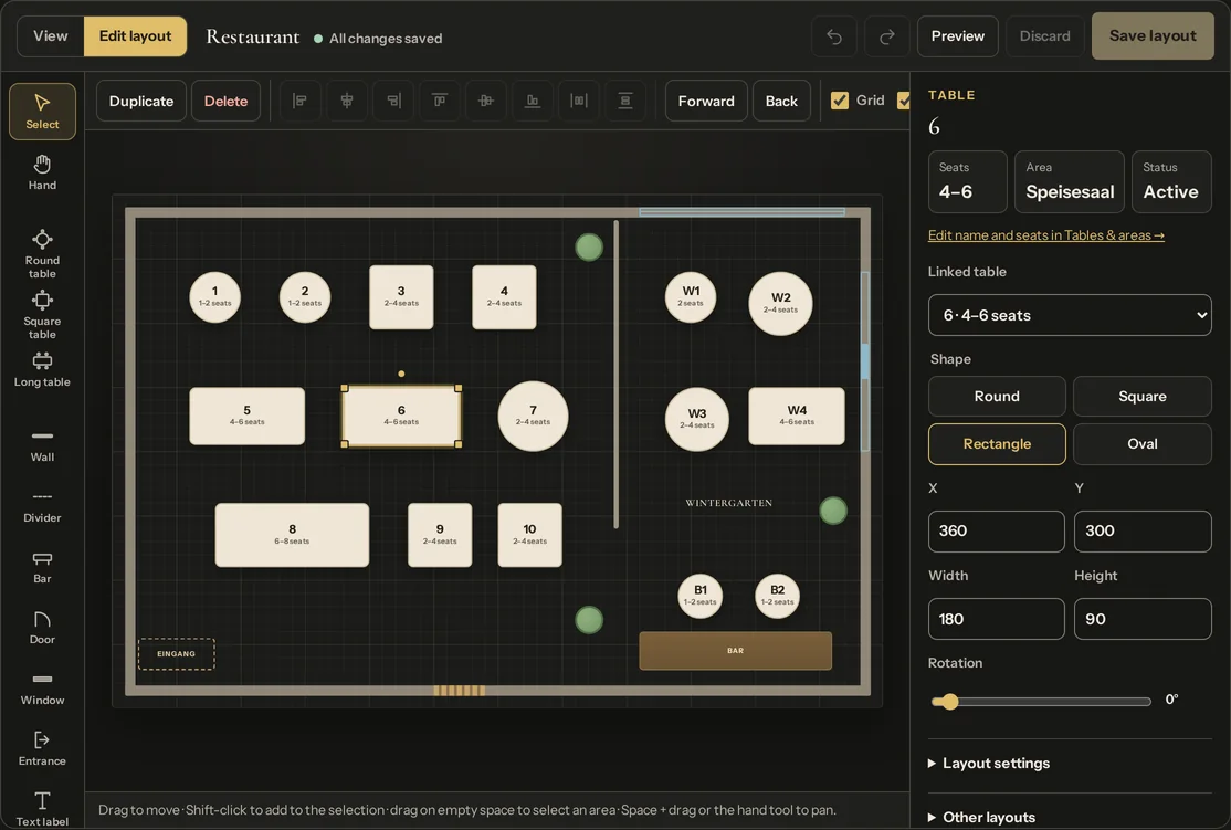 Senqro-Layout-Editor mit Werkzeugleiste für Tische, Wände und Bar, Raster-Zeichenfläche und Eigenschaften des ausgewählten Tisches.