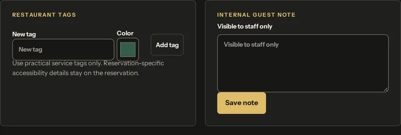 Tags und interne Notiz in einem Senqro-Gästeprofil.