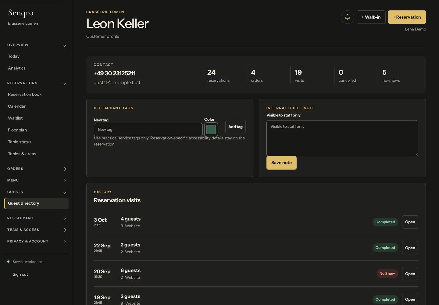 Senqro-Gästeprofil mit Kontakt, Kennzahlen, Tags, interner Notiz und Besuchshistorie.