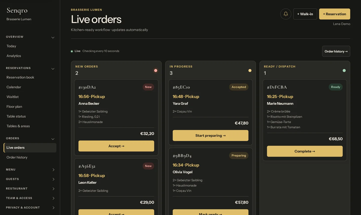 Senqro-Live-Bestellboard mit den Spalten Neu, In Arbeit und Fertig.