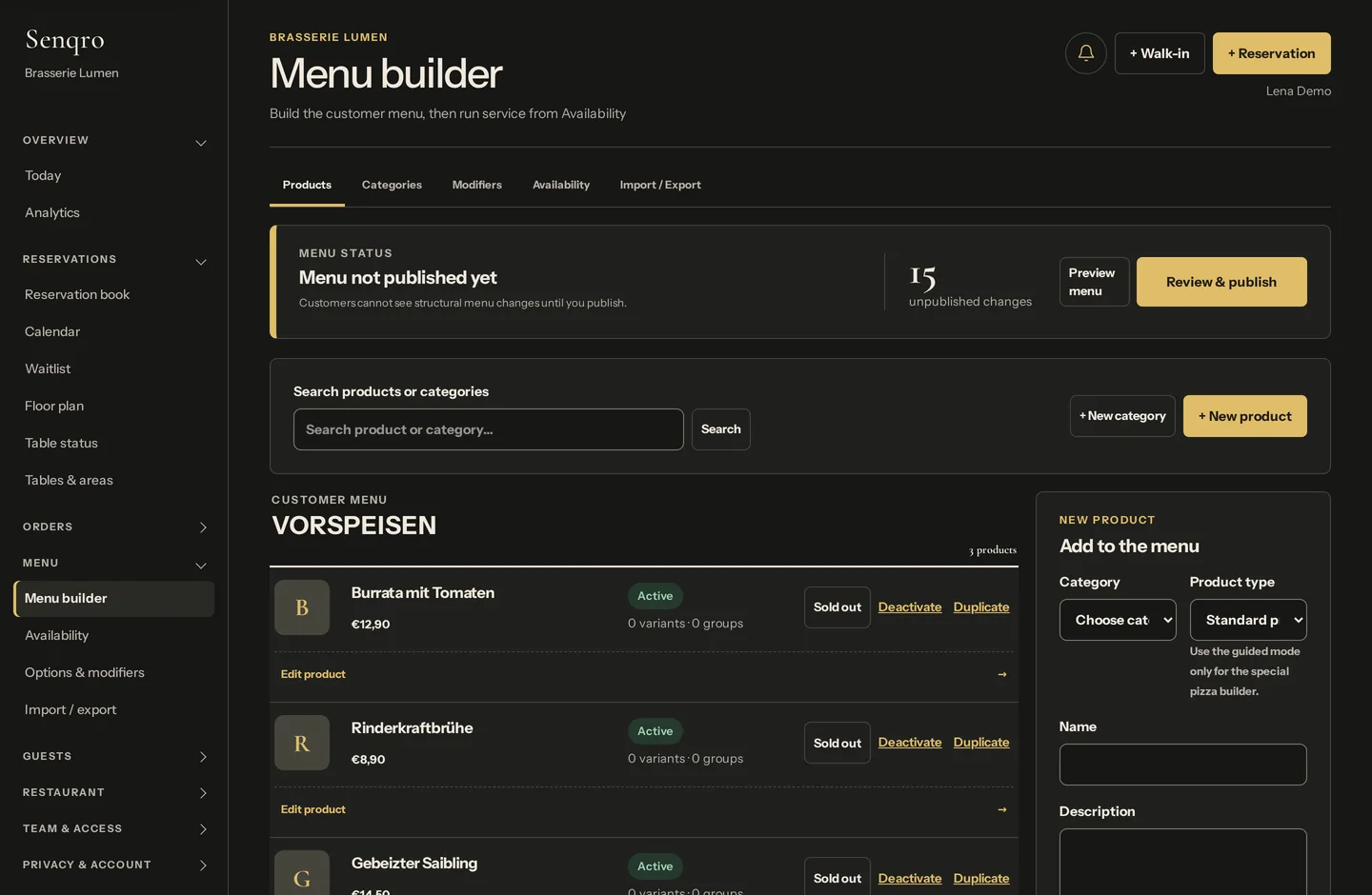 Senqro-Menü-Builder: Kategorien und Gerichte mit Status, Varianten und Veröffentlichungsstand.