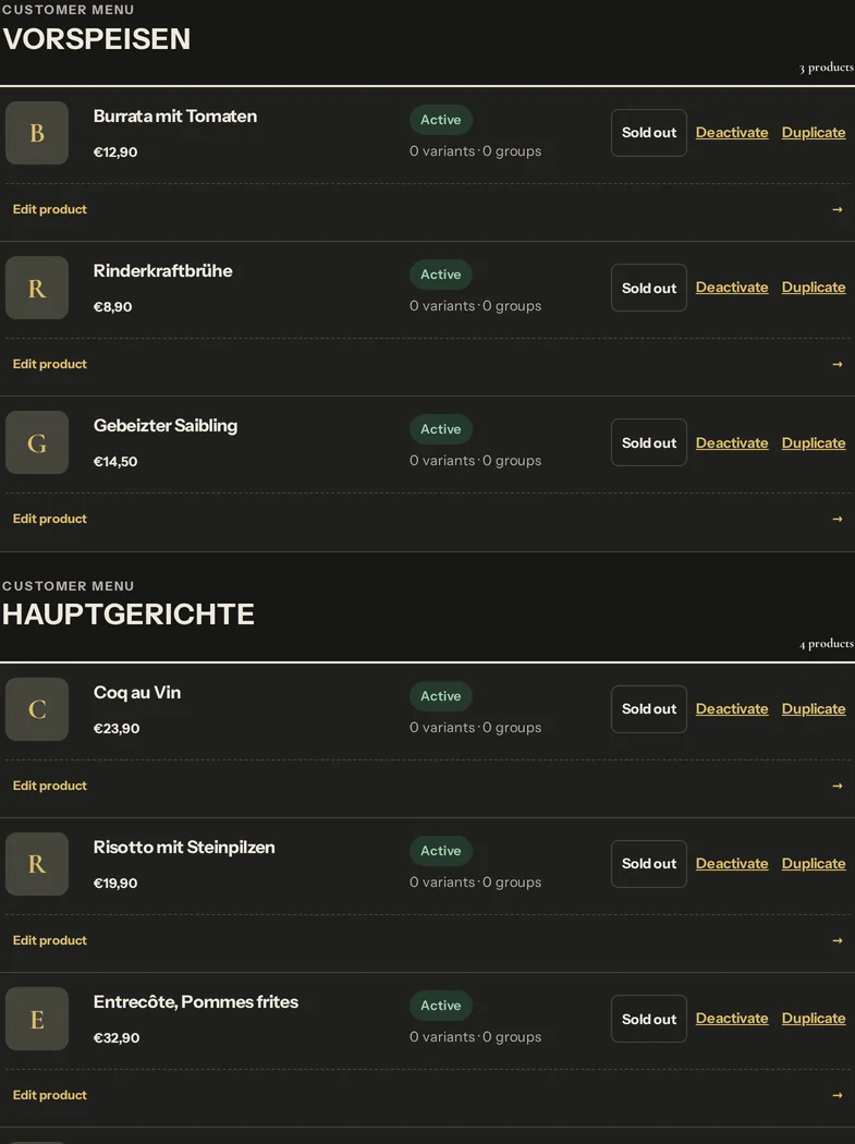 Gerichte mit Status Aktiv oder Ausverkauft, Varianten und Schnellaktionen.