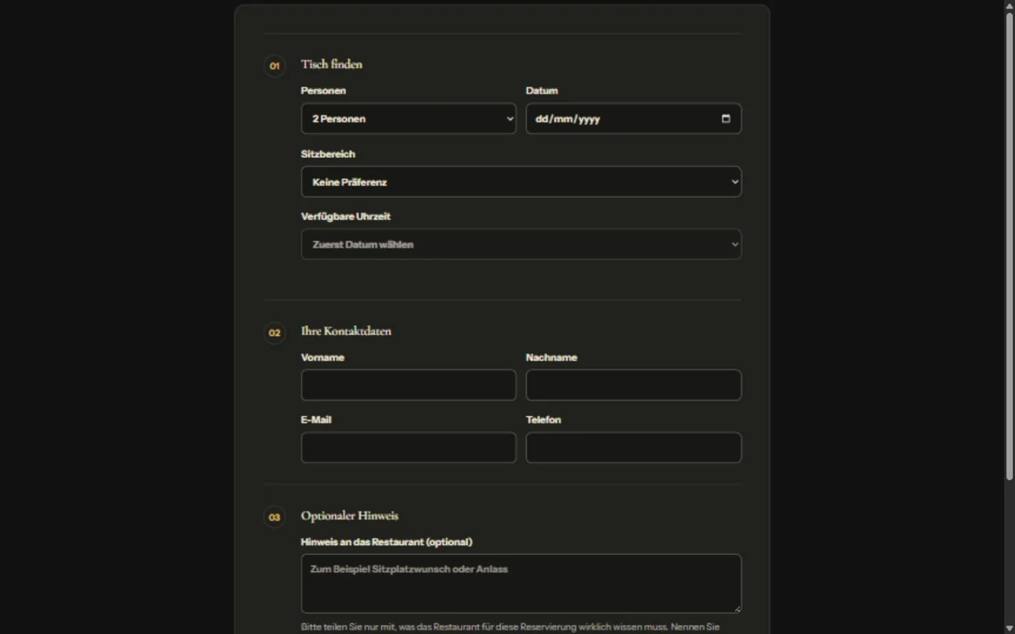 Reservierungsformular von Brasserie Lumen mit Gästezahl, Datum und Kontaktdaten, eingebettet auf einer Restaurantwebsite.